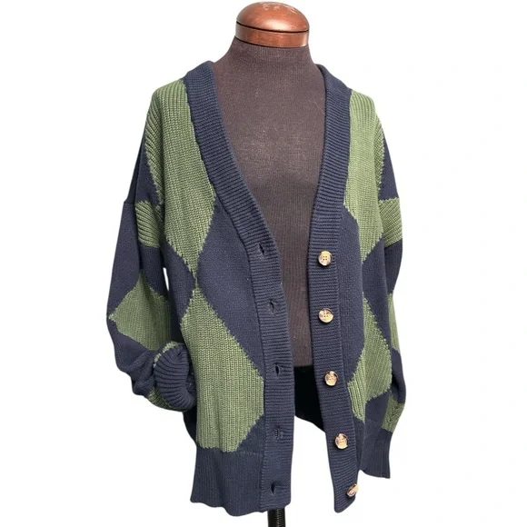 Pistola Men's L Green & Blue Chunky Argyle Cardigan Sweater Preppy Button Down